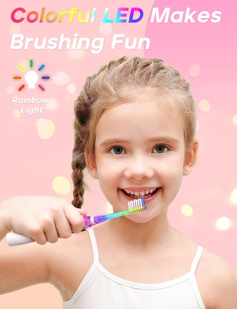 Seago Kids Electric Toothbrush with 2 Mins Brushing Timer and 8 Replacement Bursh Heads,Rainbow LED Light Make Brushing Fun, Pink Color Girls Battery Powerd Toothbrush for 4-12 Years Old - Image 2